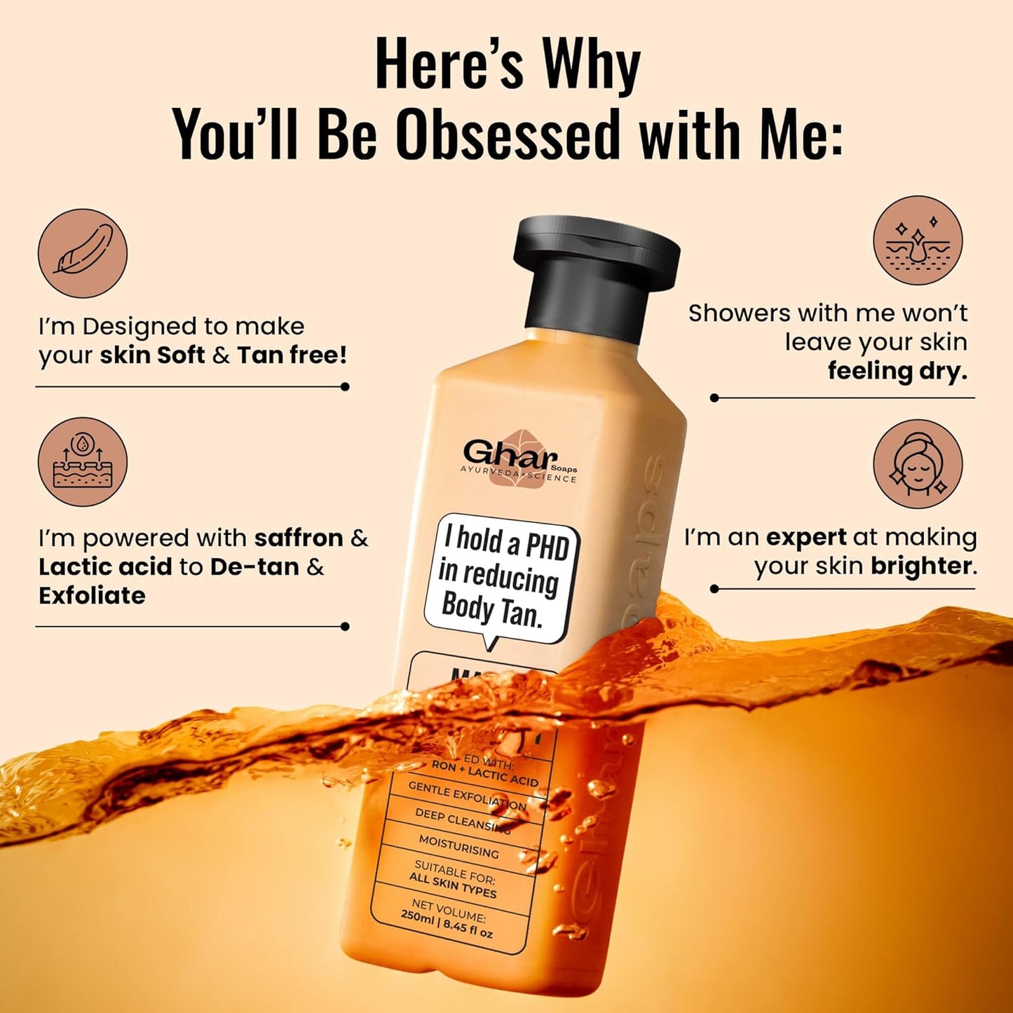 Ghar Soaps Magic De-Tan Body Wash For Tan Removal | Exfoliating With Saffron, Lactic Acid & Niacinamide Detan Removes Helps In Skin Lightening Paraben Sls Free 250Ml