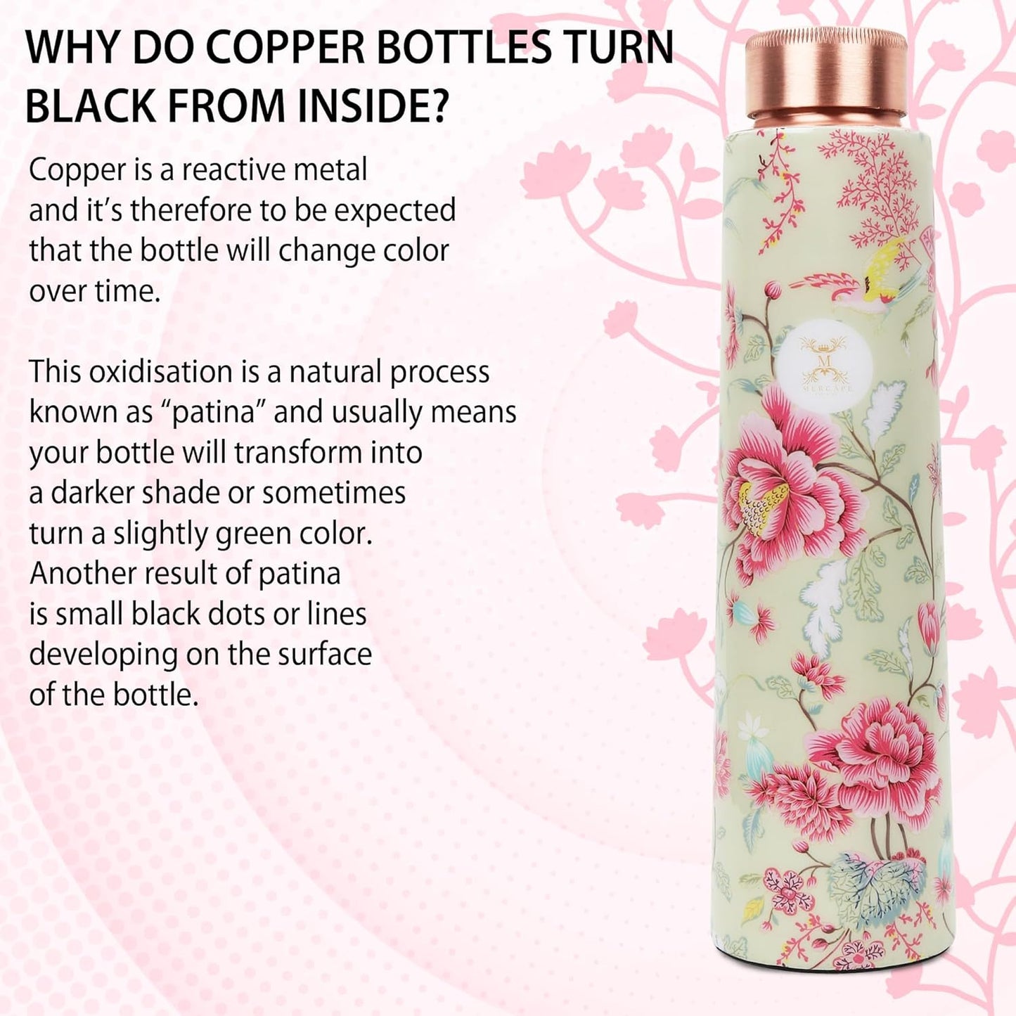100% Pure Joint Less Copper Bottles for Water with Leak Proof Lid | Ayurveda BPA Free & Non Toxic | Ayurvedic Office | Flower Print Bottle | Hiking Treking Bottle - 900ml