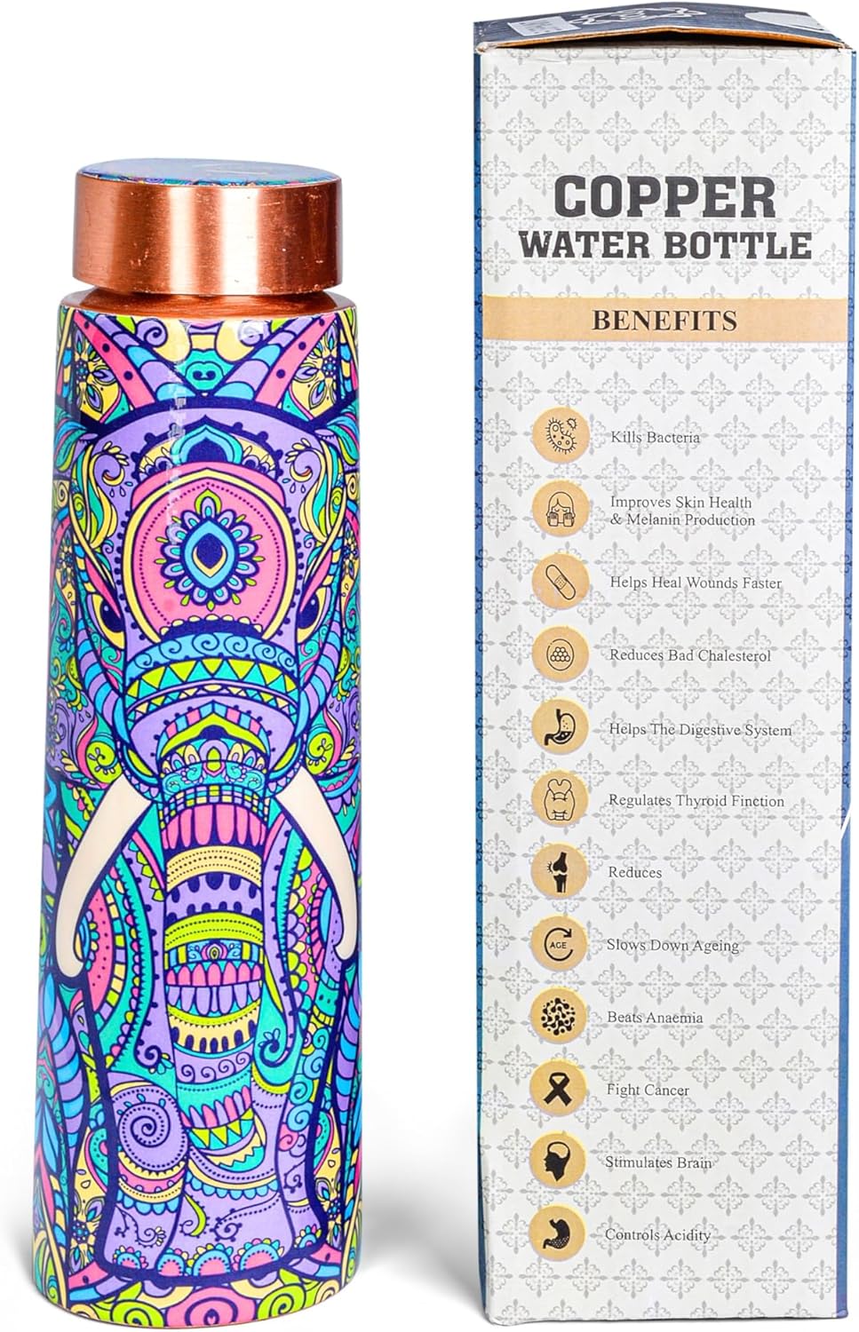 Pure Copper Water Bottle 100% | 950ml Leak,Durable & Rust Proof, Elephant Design | 100% Pure Copper Vessel for Drinking, BPA-Free, Leak-Proof, Boosts Immunity,Ayurveda Inspired
