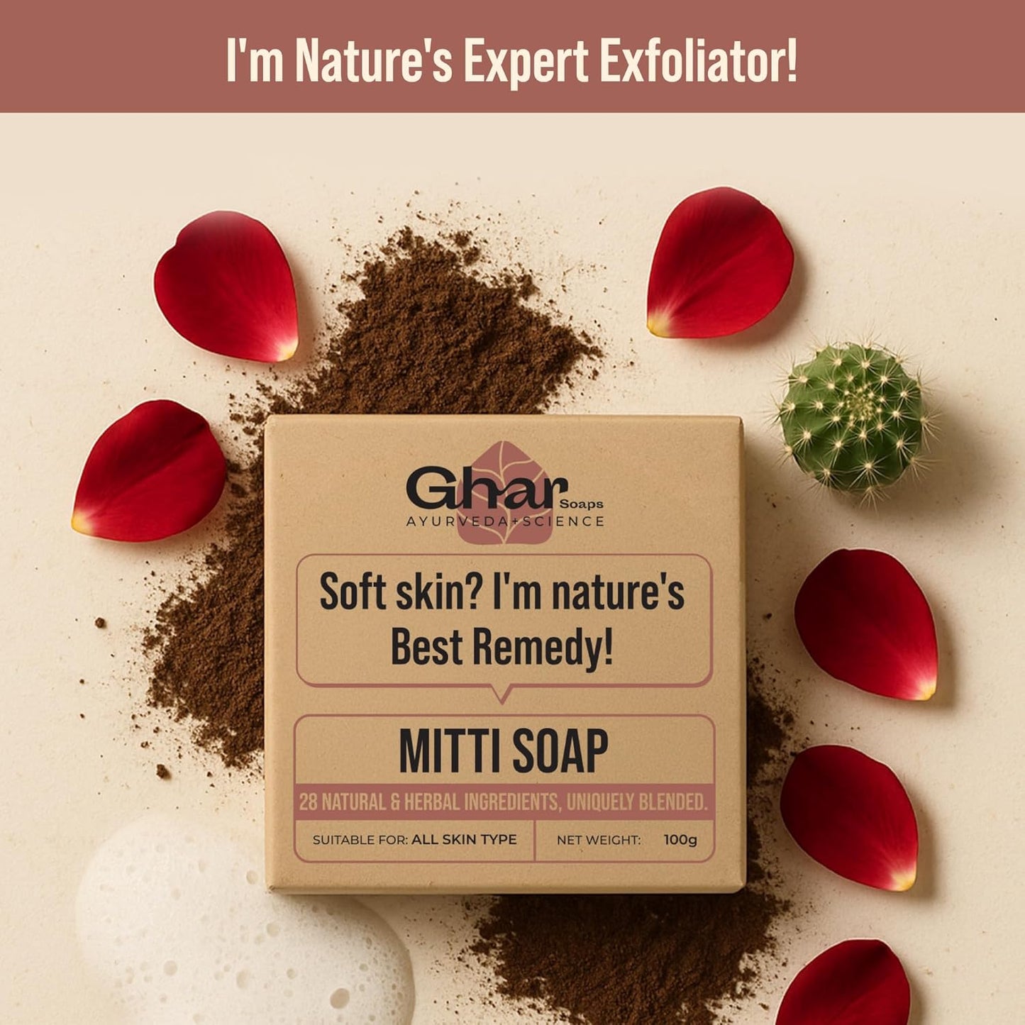 Ghar Soaps Mitti Soap with Mountain Pond Soil, 26 Herbs for Brightening, Softening, Exfoliating, All Skin Types, 100g Bar