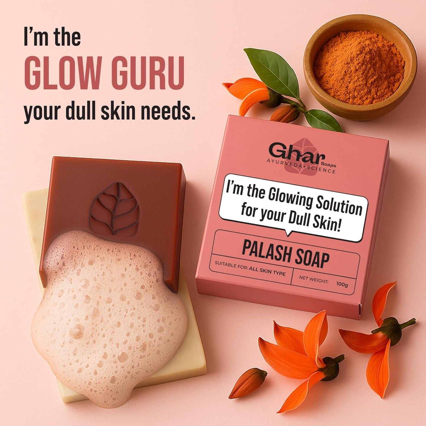Ghar Soaps Natural Palash Petal Extract Soap, Exfoliating Bar for Glowing Skin, Paraben & SLS Free, Suitable for All Skin Types, 100g
