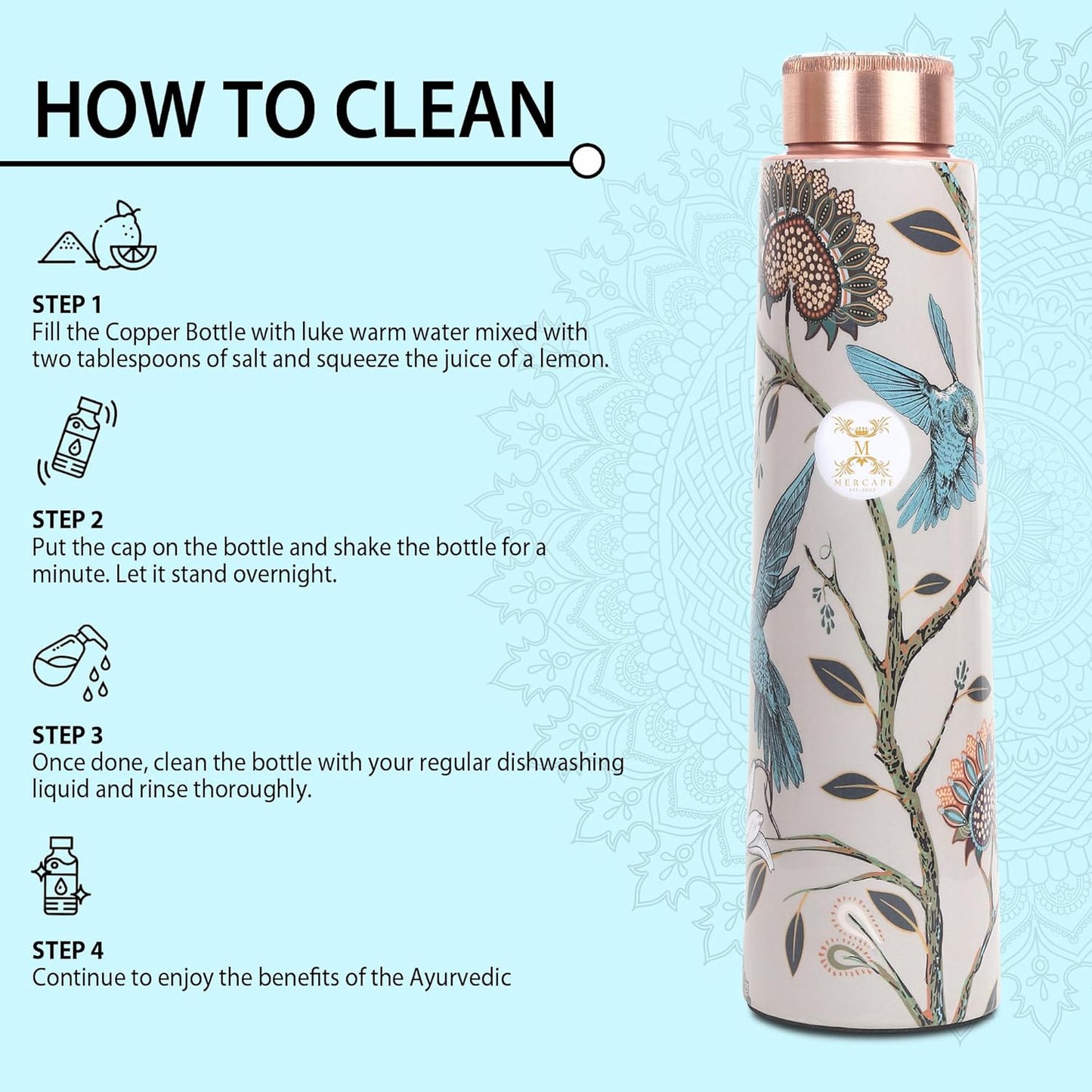 MERCAPE® - 100% Pure Copper Water Bottle | Leak Proof, Durable & Rust Proof | Non-Toxic & BPA Free Bottles | Eco Friendly Water Bottle (950 ml) (Pack of 1)