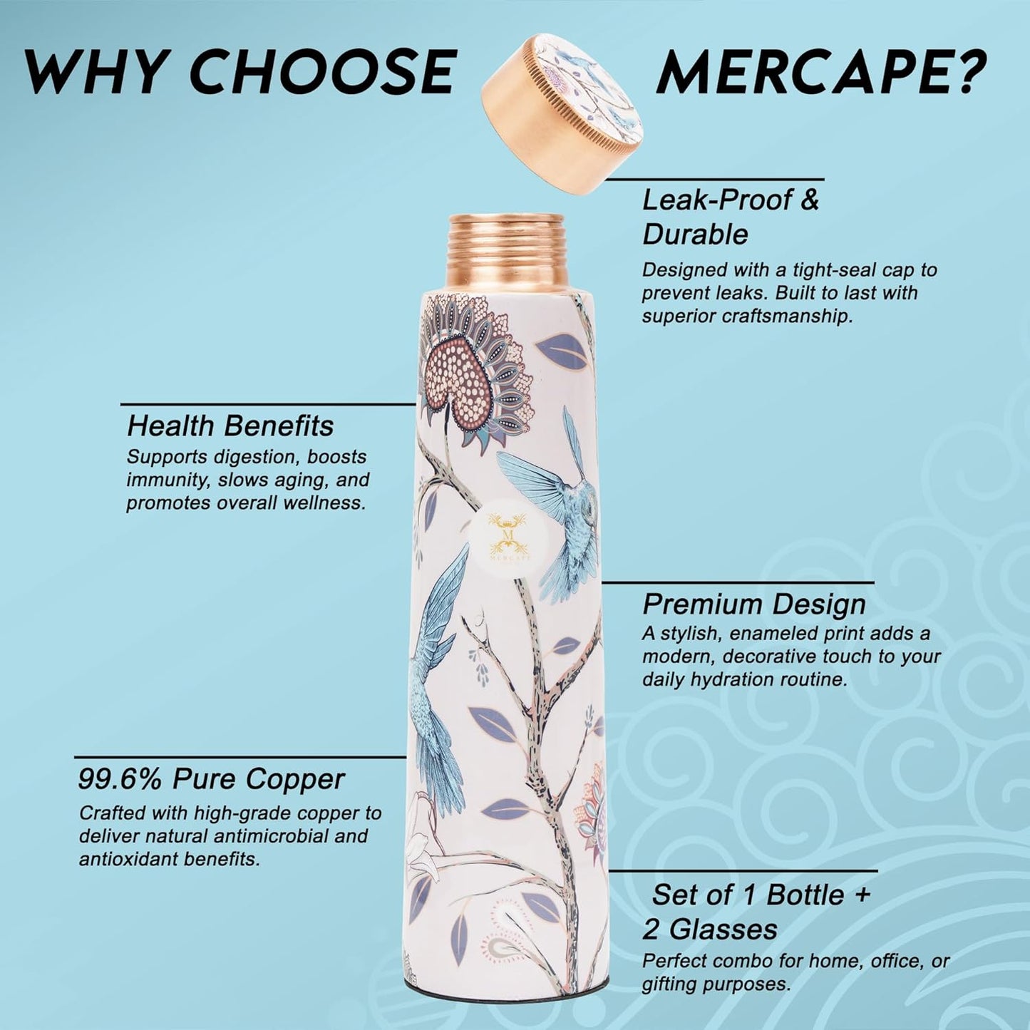 MERCAPE® Pure Copper Water Bottle 900 ml with Glass Set Best Tamba in Printed Design (900 ml 2x 300 ml)