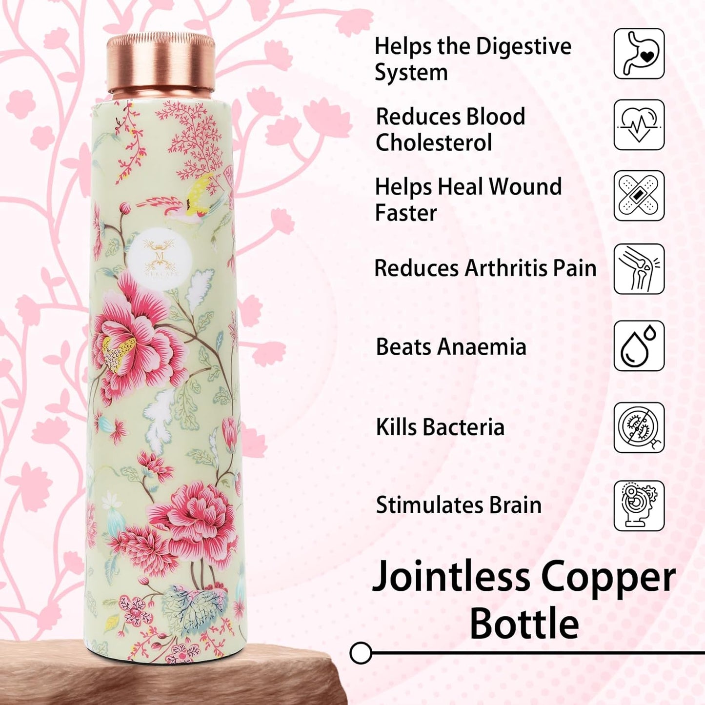 100% Pure Joint Less Copper Bottles for Water with Leak Proof Lid | Ayurveda BPA Free & Non Toxic | Ayurvedic Office | Flower Print Bottle | Hiking Treking Bottle - 900ml