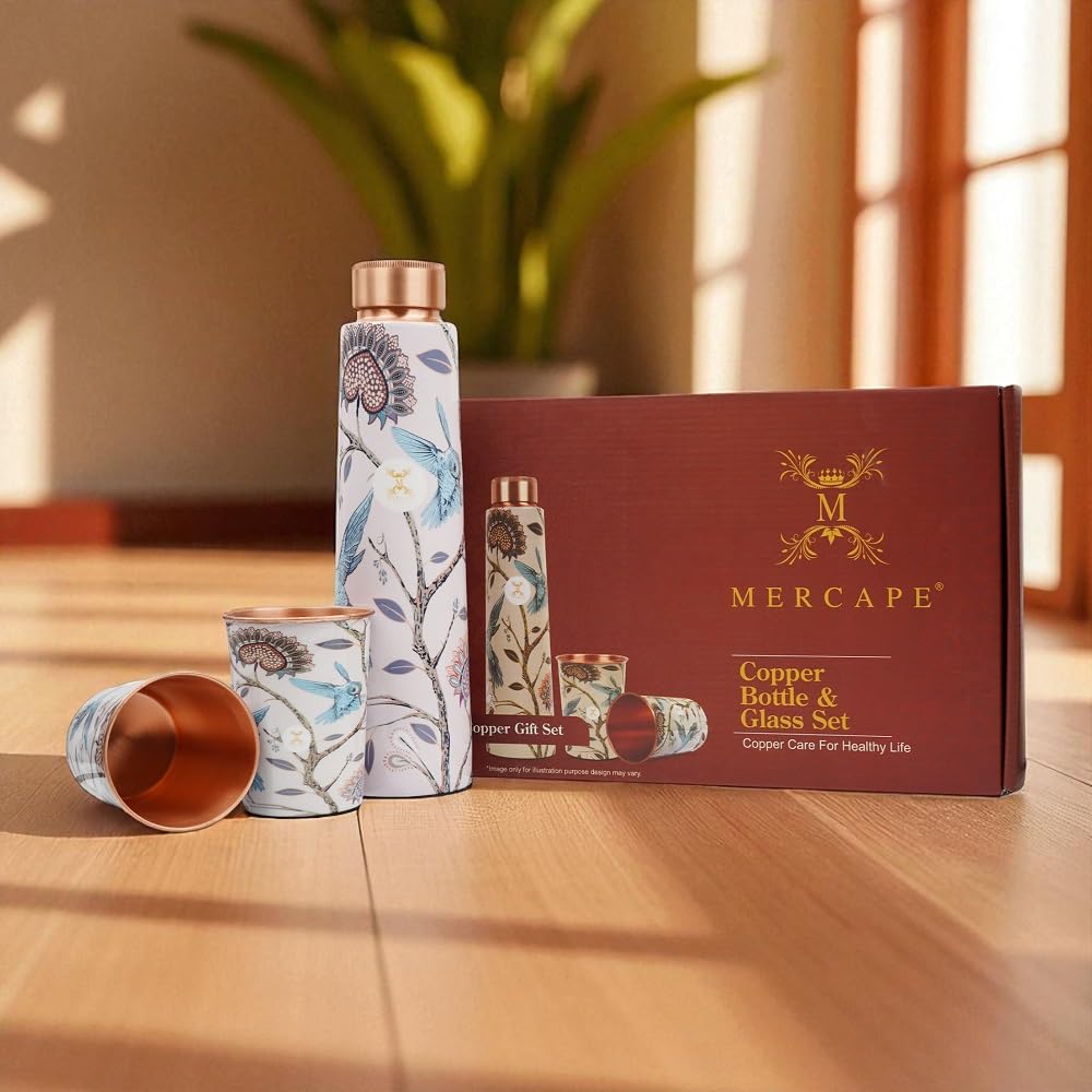 Pure Copper Water Bottle Set with 2 Glasses – Premium Enameled Floral Print (900ml Bottle, 300ml Tumblers)