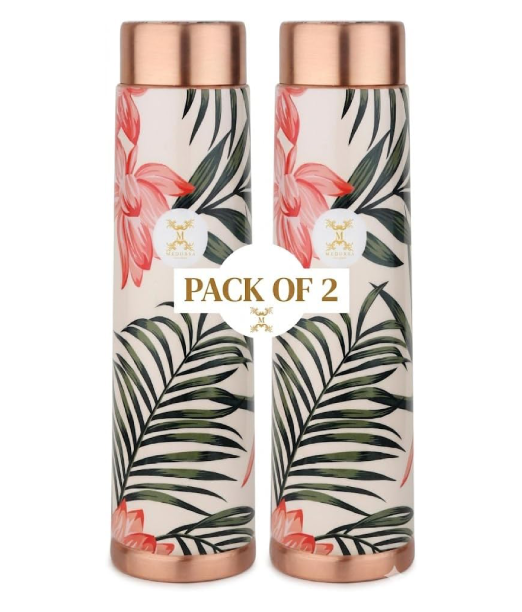 Copper Bottles for Water with Leak Proof Lid | 100% Pure Copper Bottle | BPA Free & Non Toxic | Printed Ayurvedic Copper Bottle for Health Benefits - 950 ML (Pack Of 2)