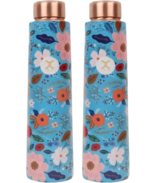 MERCAPE Copper Water Bottle Handmade Ayurvedic Enameled Print Water Bottle for Drinking 900ml (Pack of 2)