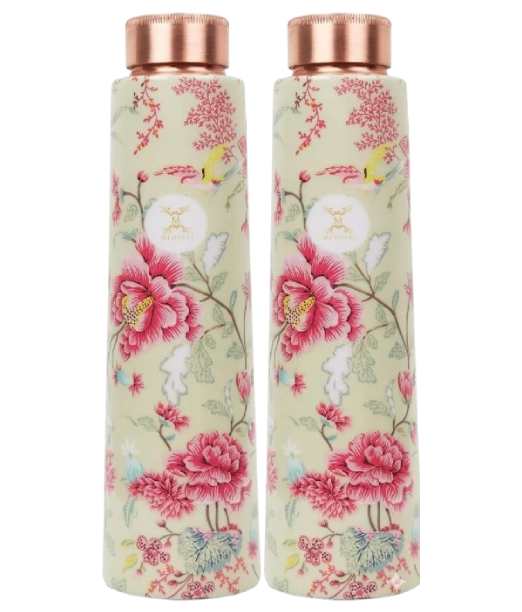 MERCAPE® - 100% Pure Joint Less Copper Bottles for Water with Leak Proof Lid | Ayurveda BPA Free & Non Toxic | Ayurvedic Office | Flower Print Bottle | Hiking Treking Bottle - 900ml (Pack Of 2)