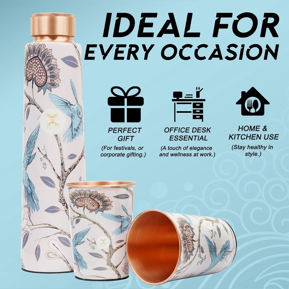 Pure Copper Water Bottle Set with 2 Glasses – Premium Enameled Floral Print (900ml Bottle, 300ml Tumblers)