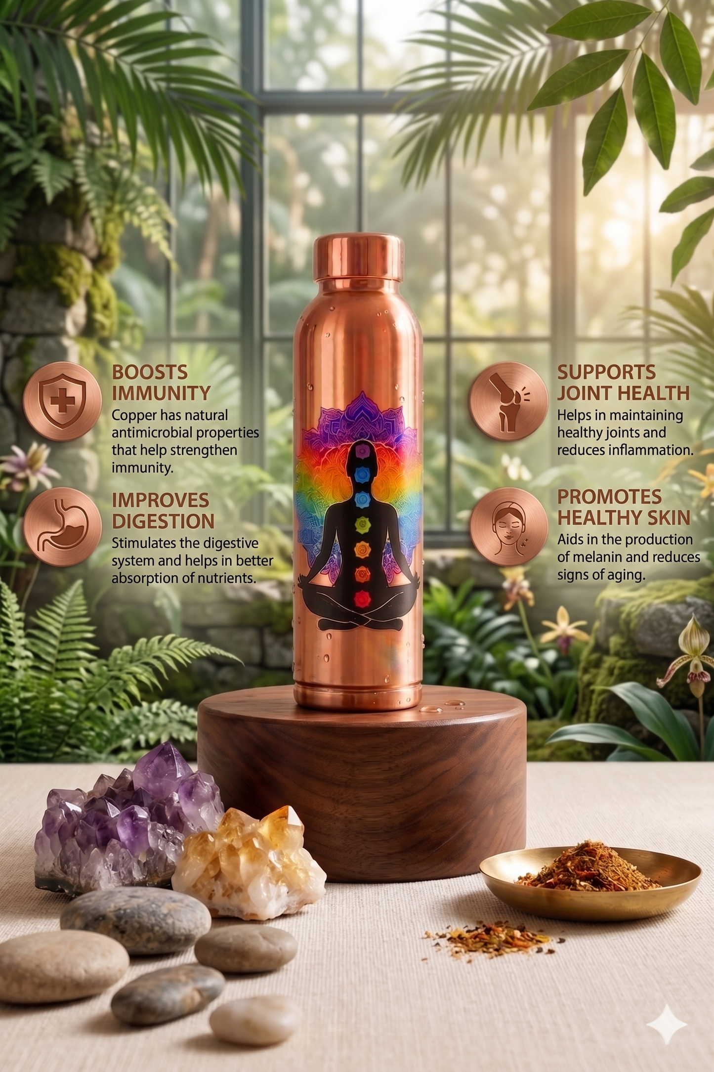 5Elements Pure Copper Water Bottle 100% | 950ml Leak-Proof & BPA-Free | Chakra & Yoga Mandala Design | Ayurvedic Tamra Jal Vessel for Drinking, Immunity Booster