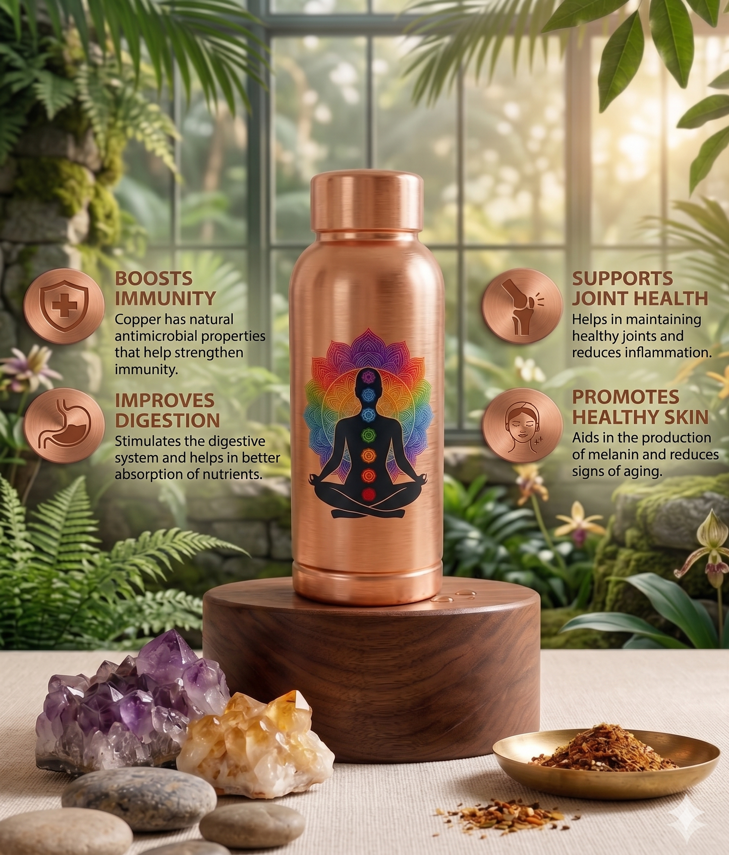 5Elements Pure Copper Water Bottle 100% | 400ml Leak-Proof & BPA-Free | Chakra & Yoga Mandala Design | Ayurvedic Tamra Jal Vessel for Drinking, Immunity Booster
