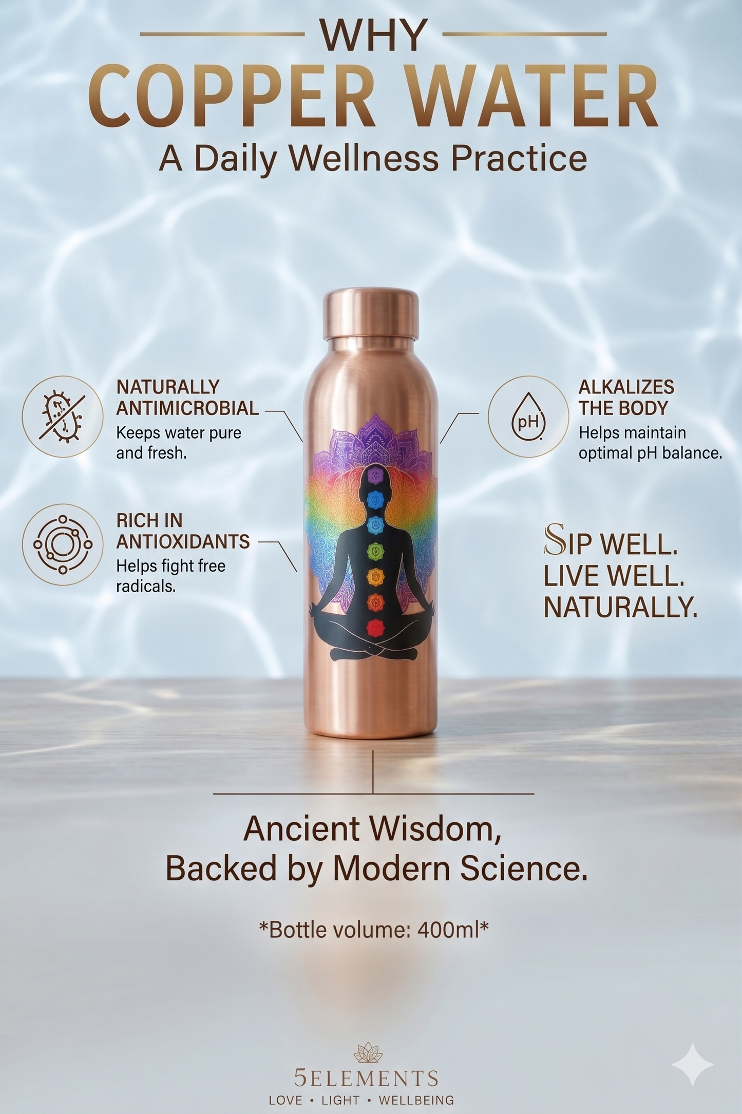 5Elements Pure Copper Water Bottle 100% | 400ml Leak-Proof & BPA-Free | Chakra & Yoga Mandala Design | Ayurvedic Tamra Jal Vessel for Drinking, Immunity Booster