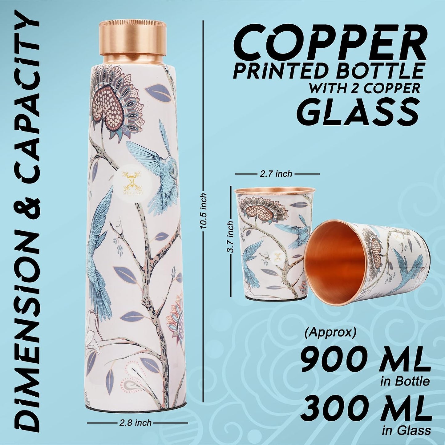 Pure Copper Water Bottle Set with 2 Glasses – Premium Enameled Floral Print (900ml Bottle, 300ml Tumblers)
