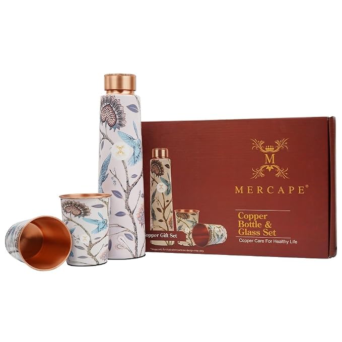 Pure Copper Water Bottle Set with 2 Glasses – Premium Enameled Floral Print (900ml Bottle, 300ml Tumblers)