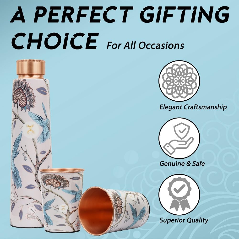 Pure Copper Water Bottle Set with 2 Glasses – Premium Enameled Floral Print (900ml Bottle, 300ml Tumblers)