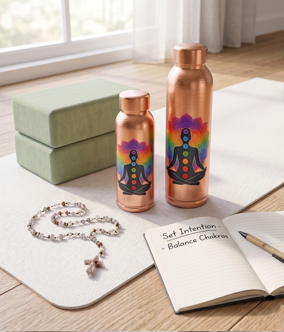 5Elements Pure Copper Water Bottle (Pack of 2) – Leak-Proof, BPA-Free Jointless Design for Tamra Jal – Yoga & Meditation Theme for Men & Women (950ml & 400ml)