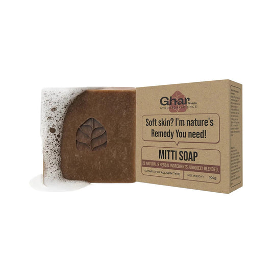 Ghar Soaps Mitti Soap with Mountain Pond Soil, 26 Herbs for Brightening, Softening, Exfoliating, All Skin Types, 100g Bar