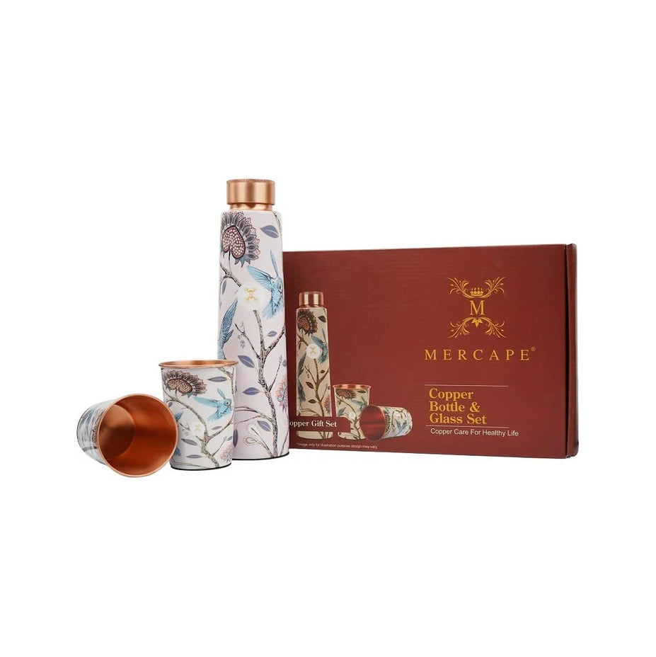 MERCAPE® Pure Copper Water Bottle 900 ml with Glass Set Best Tamba in Printed Design (900 ml 2x 300 ml)