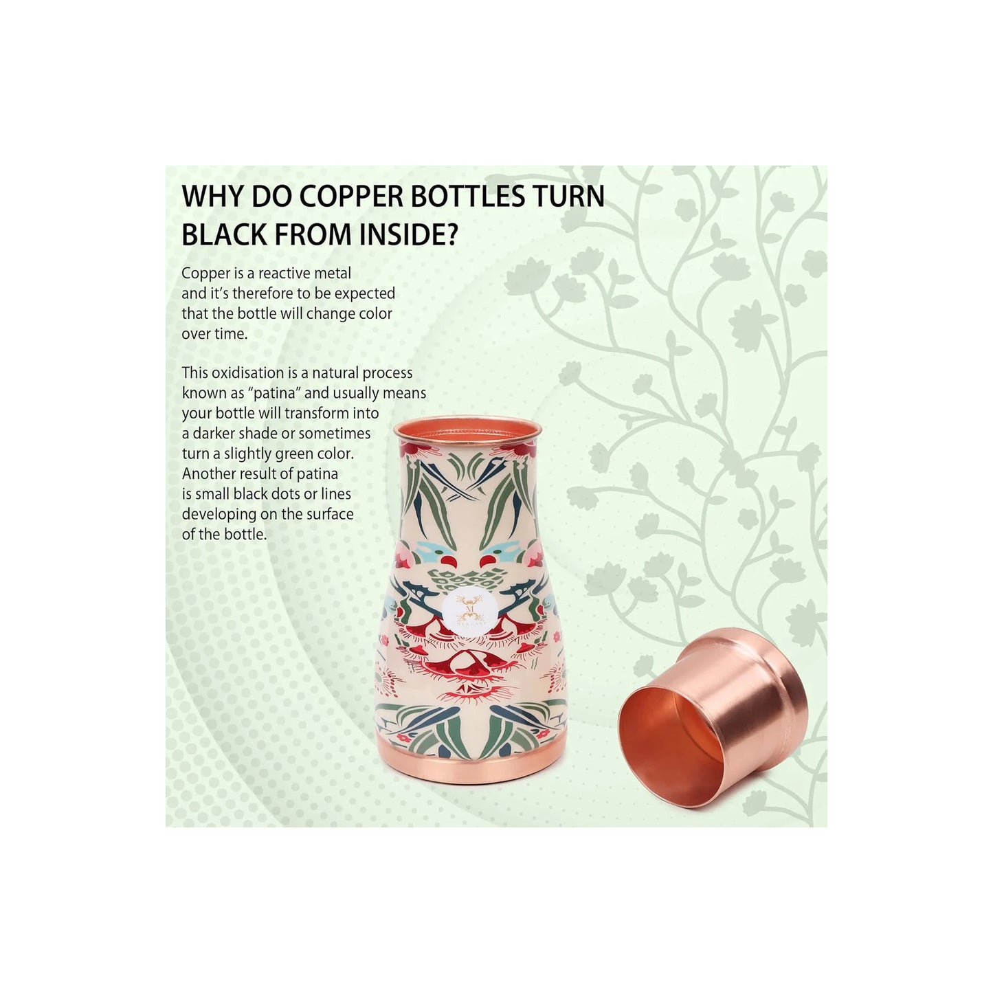 MERCAPE® - 100% Pure Copper Water Bedside Bottle with Ample Multicolor Print Design 2 | Bedroom Office Carafe | Bedroom jar with inbuilt Copper Glass/Vessel 1000 ML