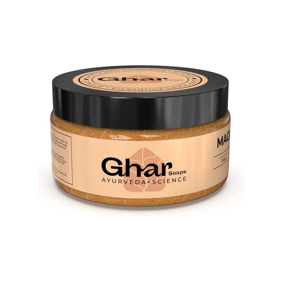 Ghar Soaps Magic Scrub Sandalwood and Saffron Suitaible for all Skin (100gm)|DEEPLY CLEANSES PORES | SKIN SMOOTH, GLOWING AND BREATHING FREE.