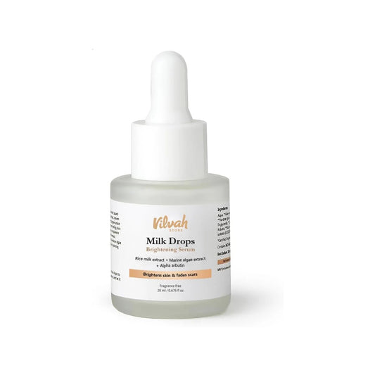 Vilvah Store Milk Drops Brightening Serum Formulated With Rice Milk Extract, Marine Algae Extract, Alpha Arbutin, Fades Scars, Brightens Skin & Even Skin Tone For All Skin Type, 20ml