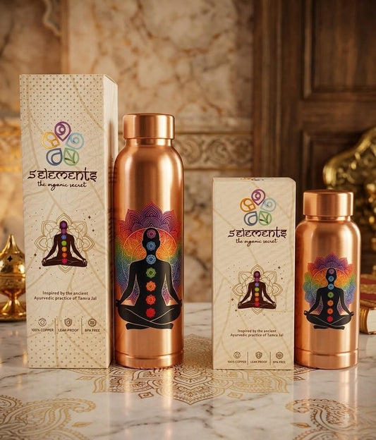 5Elements Pure Copper Water Bottle (Pack of 2) – Leak-Proof, BPA-Free Jointless Design for Tamra Jal – Yoga & Meditation Theme for Men & Women (950ml & 400ml)
